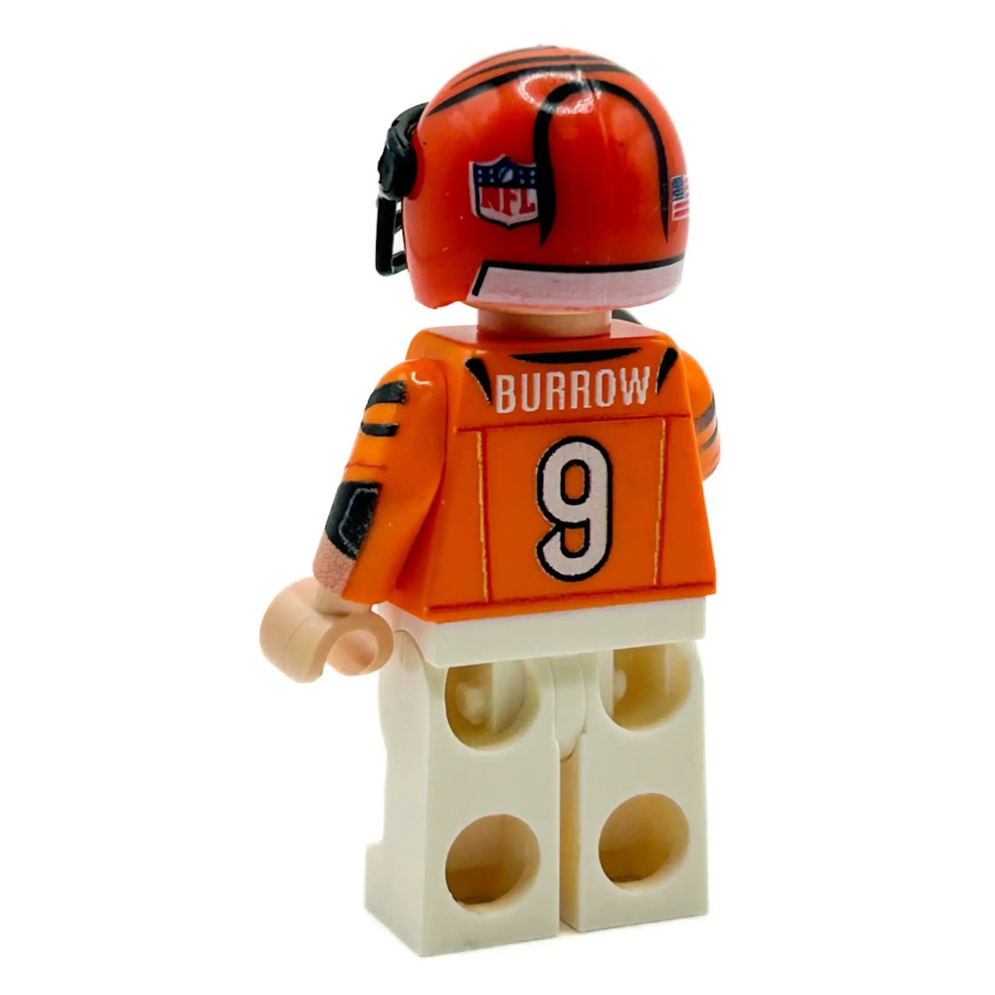 Custom B3 Customs LEGO minifigure of a Cincinnati Bengals football player, detailed with team colors and jersey design.