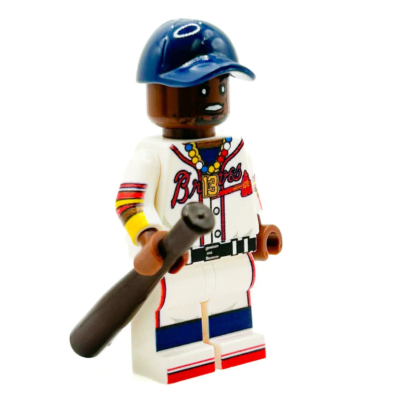 Custom Atlanta Braves Ronald Acuña Jr. LEGO minifigure by B3 Customs, featuring detailed baseball player accessories and team uniform.