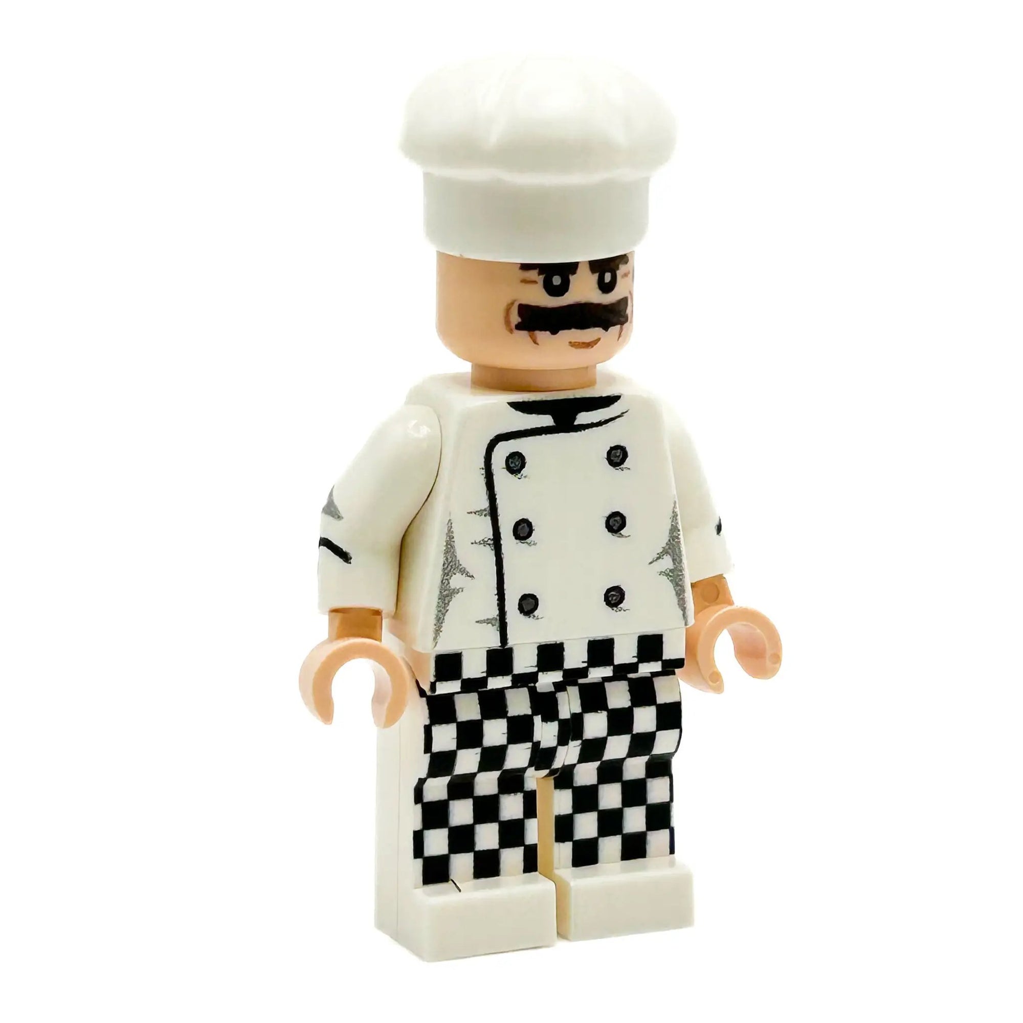 Custom LEGO minifigure of a male chef with mustache, featuring detailed clothing and accessories, by B3 Customs.