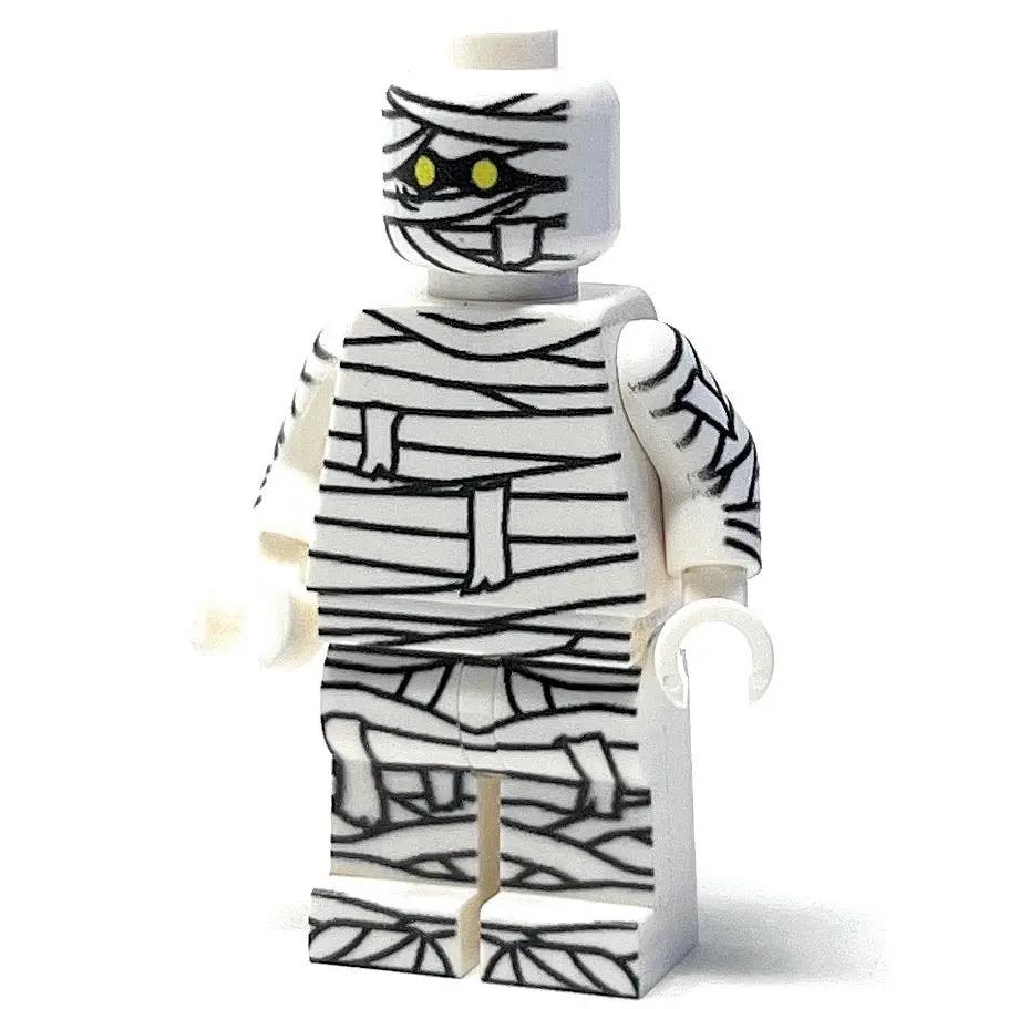 Custom LEGO Halloween Mummy Minifigure made with B3 Customs LEGO parts, featuring mummy bandages and spooky Halloween details.