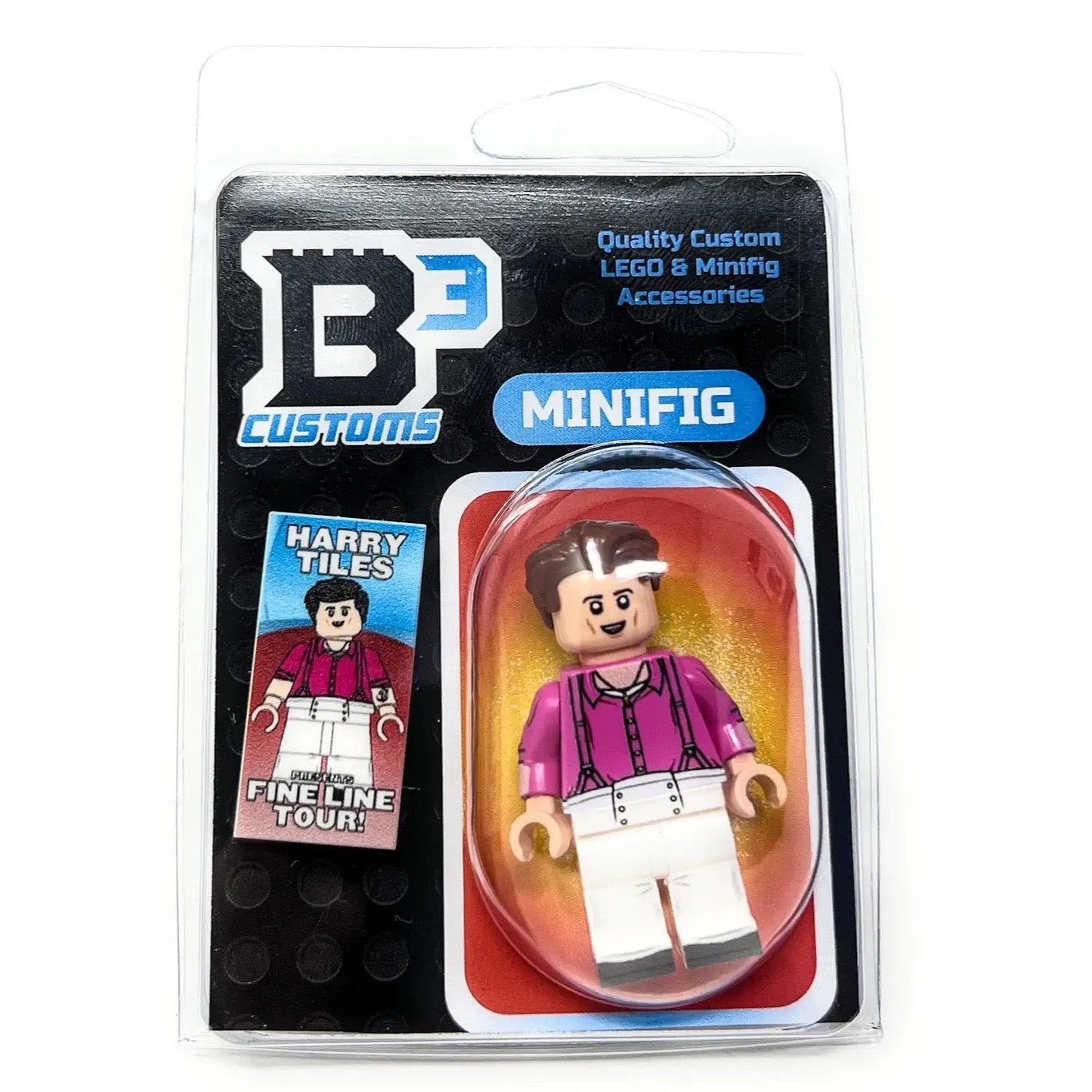 Custom LEGO minifigure of Harry Tiles with a concert poster, representing B3 Customs' Fine Line Tour musician figure.