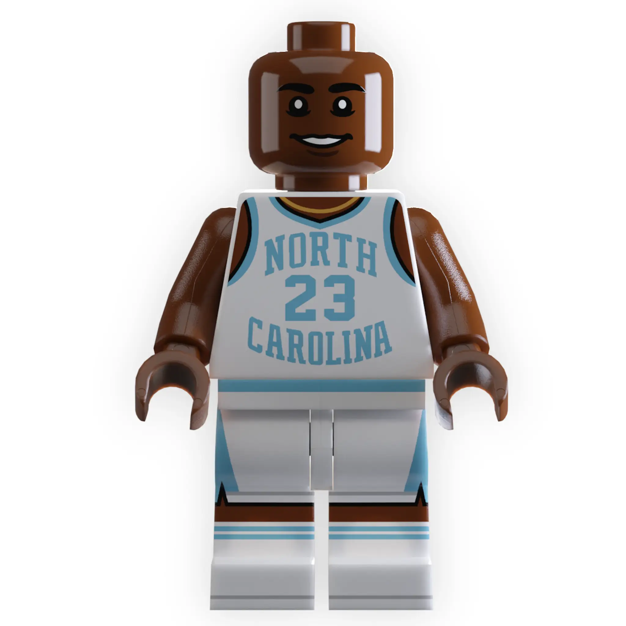 Custom B3 Customs MJ #23 UNC basketball player LEGO minifigure on white background, detailed basketball jersey and accessories.