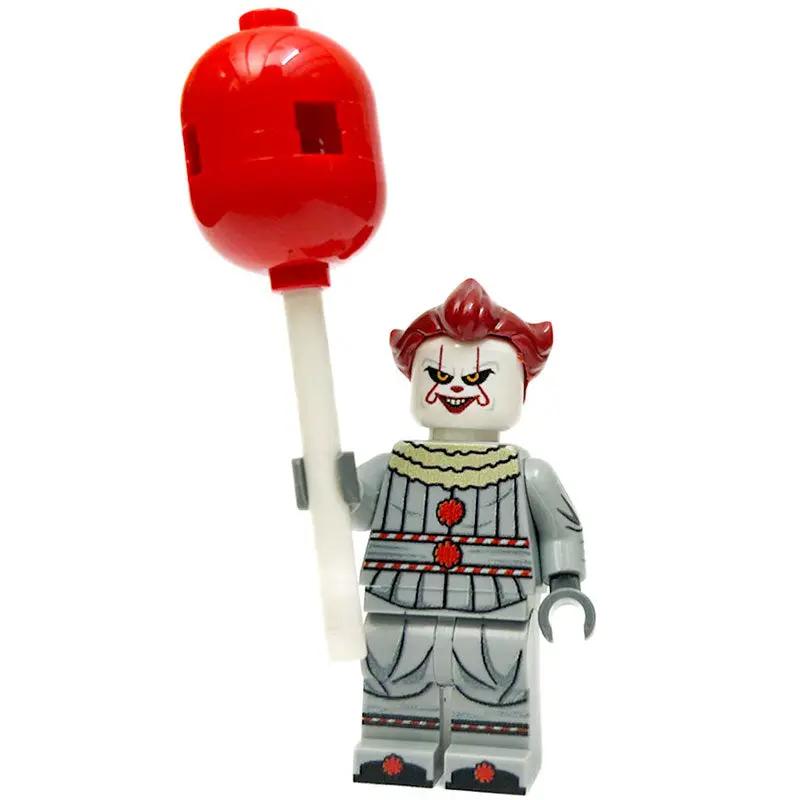 Custom LEGO Pennywise minifigure made with B3 Customs parts, featuring detailed clown costume and menacing expression.