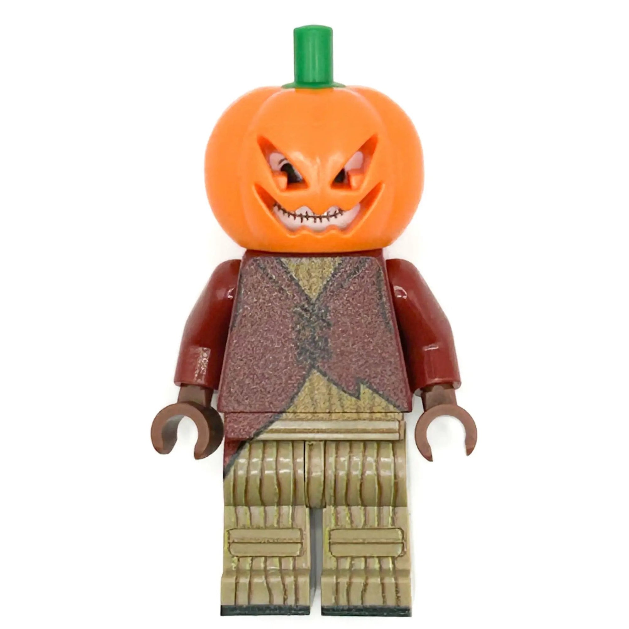 Custom Pumpkin King LEGO Minifigure by B3 Customs featuring orange and black LEGO parts with a detailed pumpkin-themed design.