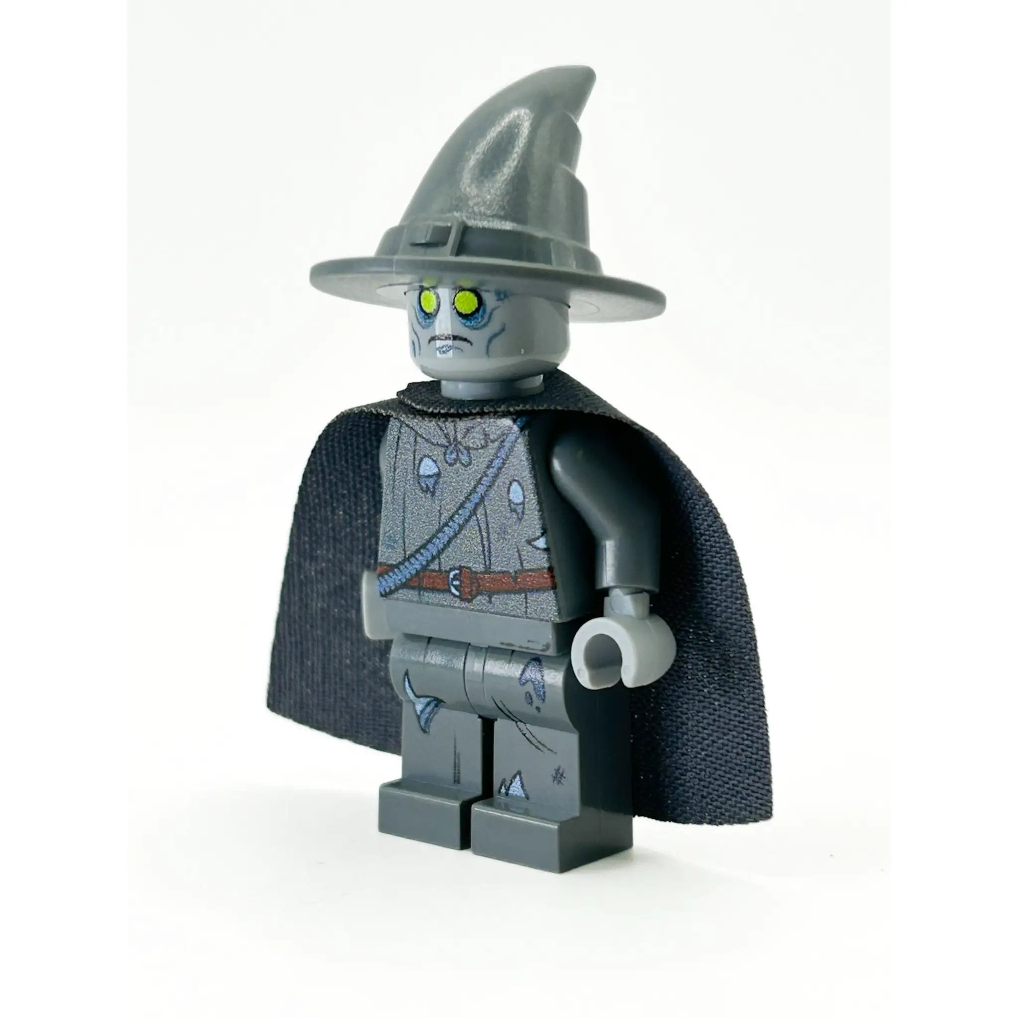 Custom LEGO Zandalf zombie wizard minifigure made with B3 Customs parts, featuring a undead Gandalf design with wizard robes and zombie details.