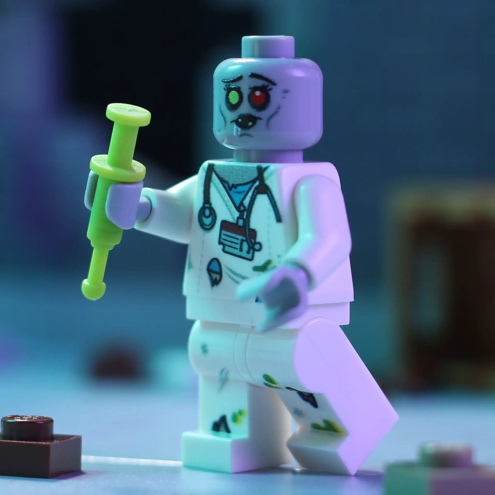 Custom LEGO Zombie Nurse minifigure by B3 Customs, featuring a green zombie face and nurse outfit with LEGO bricks.