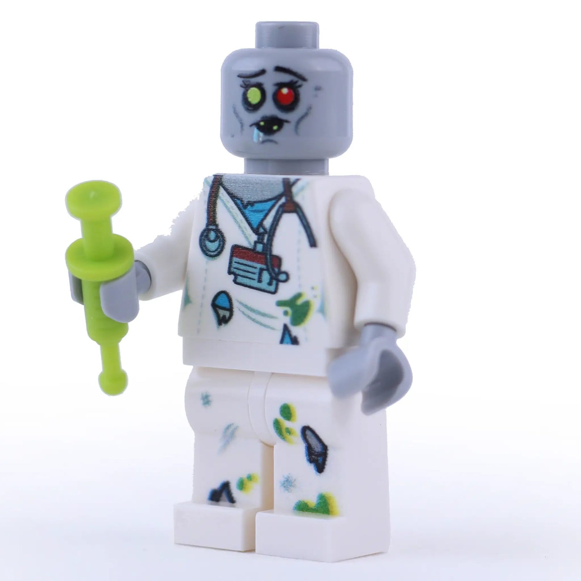 Custom LEGO minifigure of a zombie nurse made with B3 Customs parts, featuring green skin, medical attire, and zombie details.
