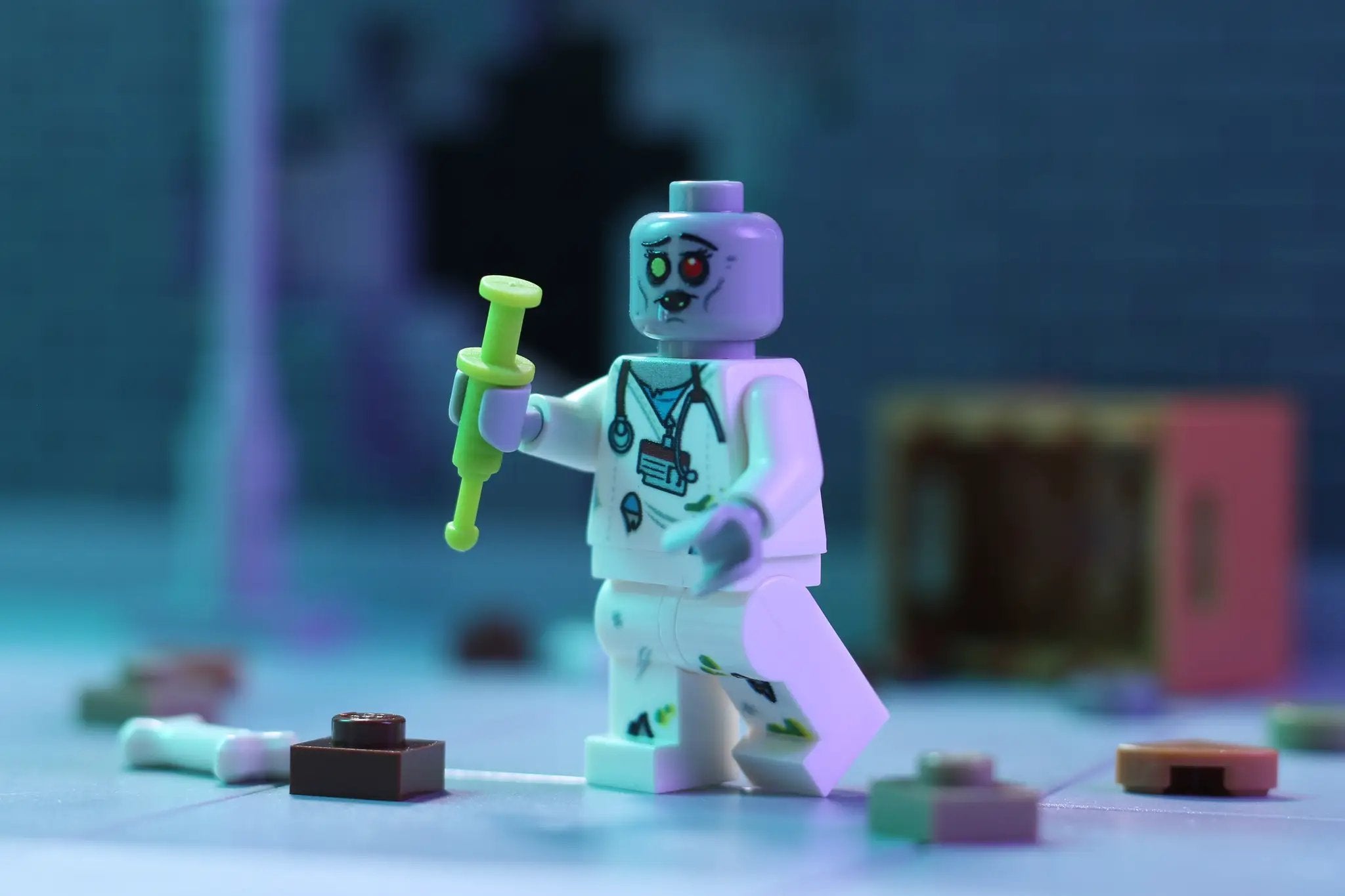 Custom LEGO minifigure of a zombie nurse made with B3 Customs LEGO parts, featuring detailed zombie nurse design.