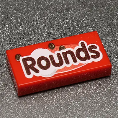 Custom printed 1x2 LEGO round tile from B3 Customs featuring unique design details on a white background.