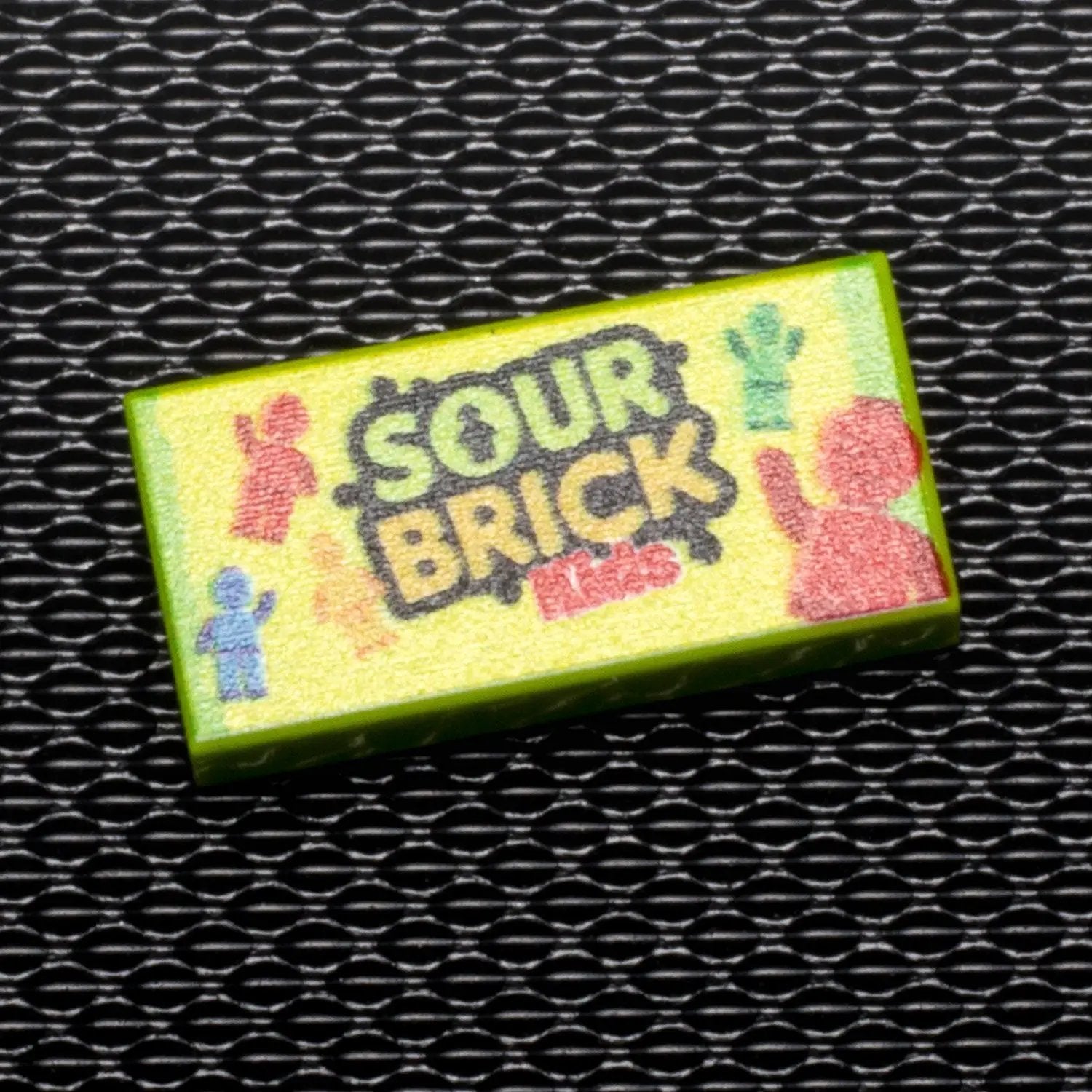 Custom B3 Customs Sour Brick Kids 1x2 LEGO tile with printed design, made from durable plastic, for creative LEGO building projects.