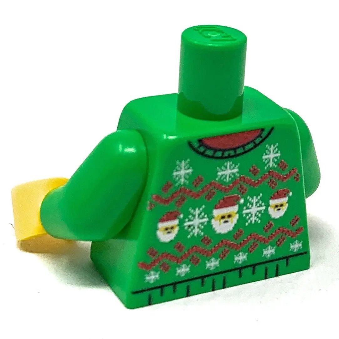 Custom B3 Customs LEGO parts Christmas sweater featuring a green Santa design printed on a torso-shaped sweater.
