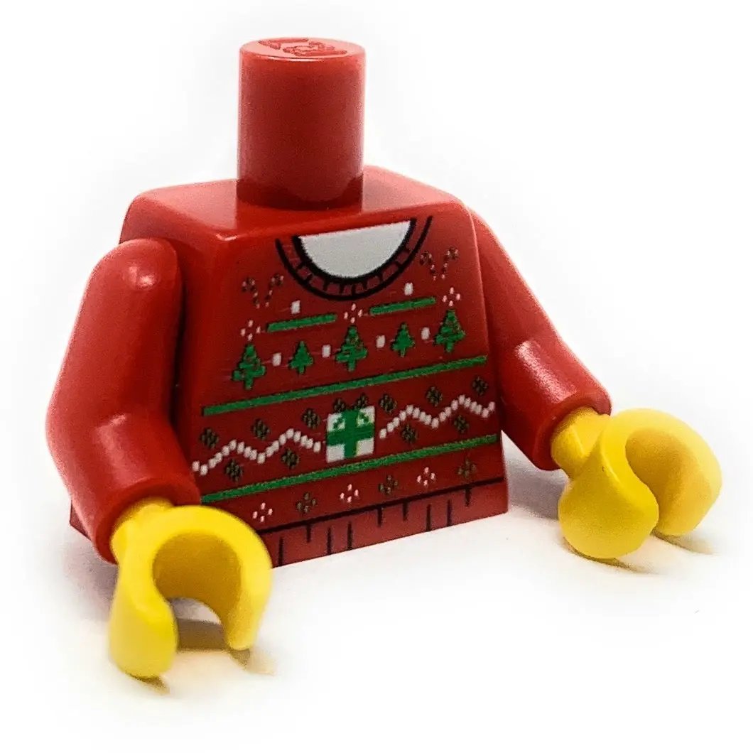 Custom LEGO parts ugly red Christmas tree sweater printed torso by B3 Customs, featuring festive holiday design on fabric.