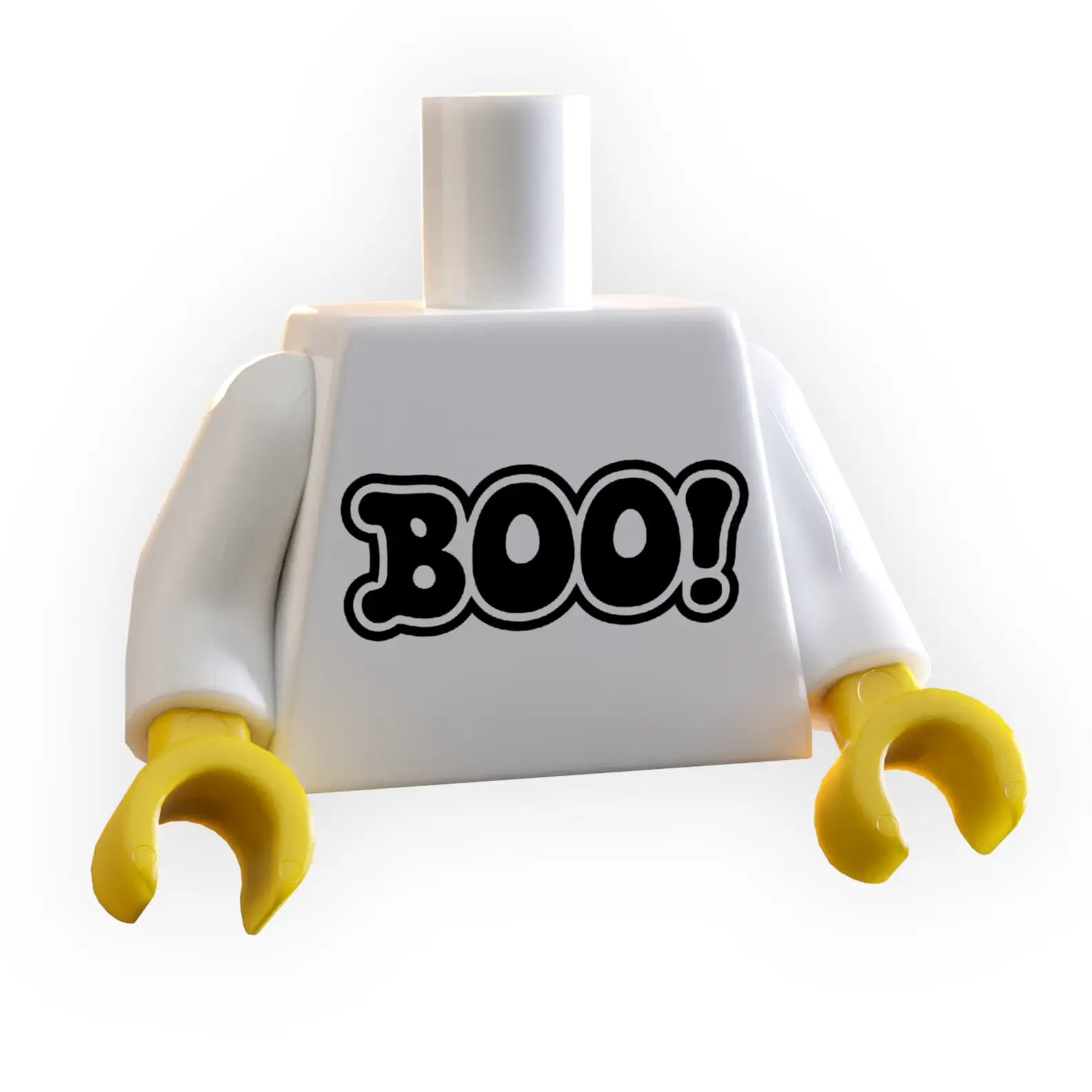 White Halloween BOO! Minifig torso from B3 Customs, custom LEGO parts with spooky design for Halloween-themed minifigs.