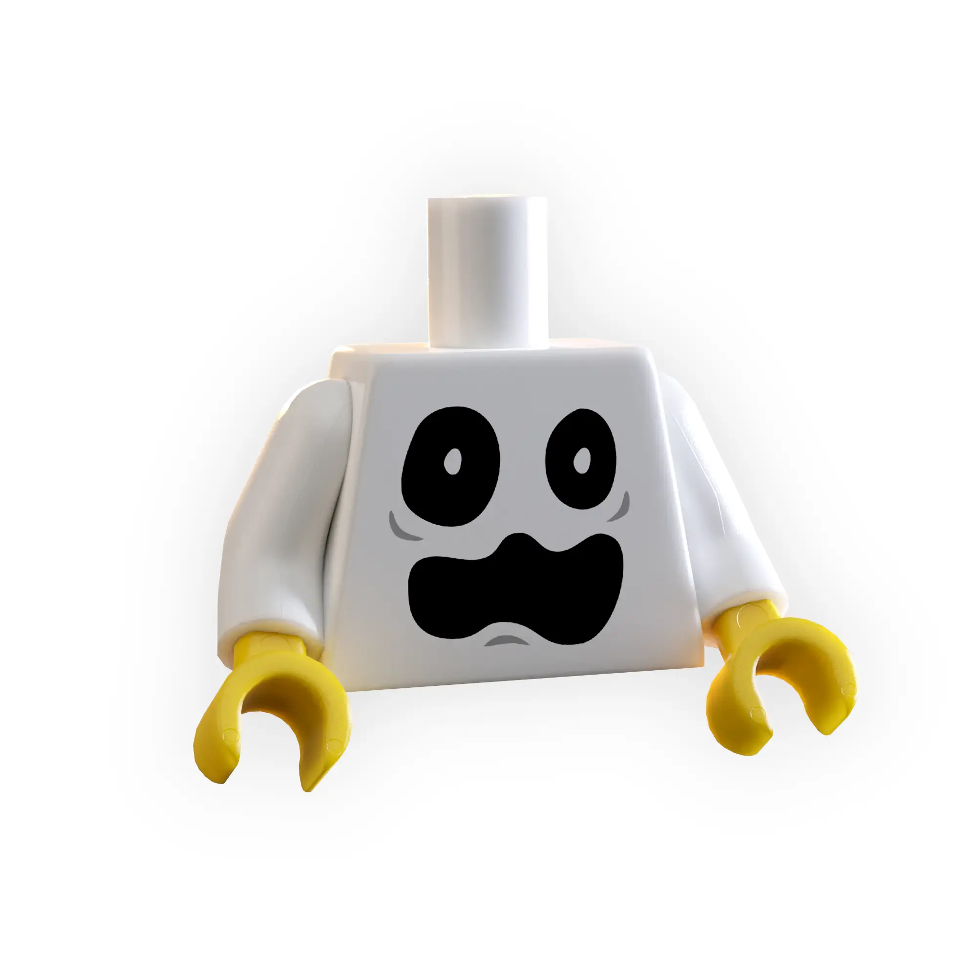 White Halloween ghost face minifig torso from B3 Customs, custom Lego-compatible part with spooky ghost design.