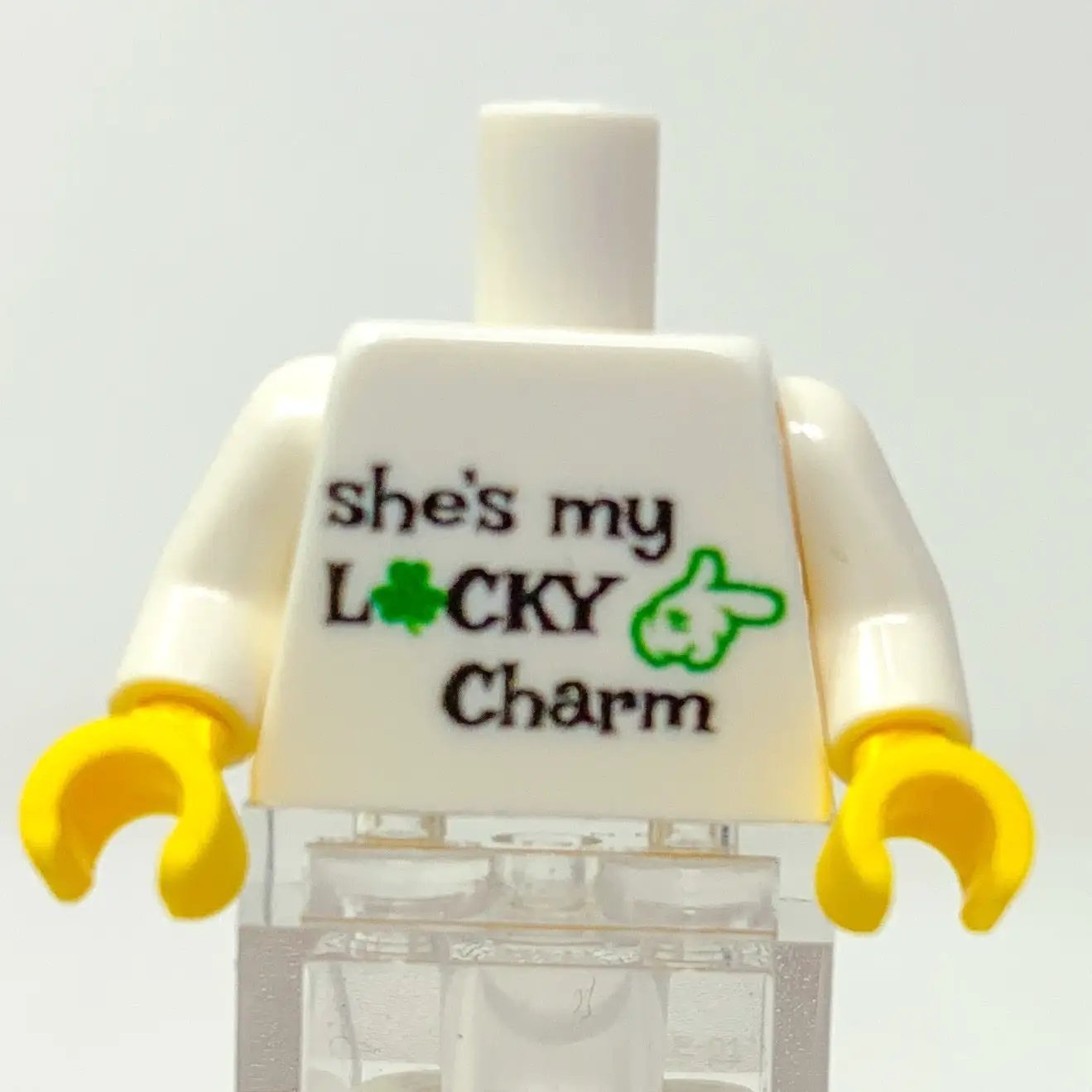 Custom B3 Customs She's My Lucky Charm St. Patrick's Day minifig torso featuring festive green design and lucky charm details.