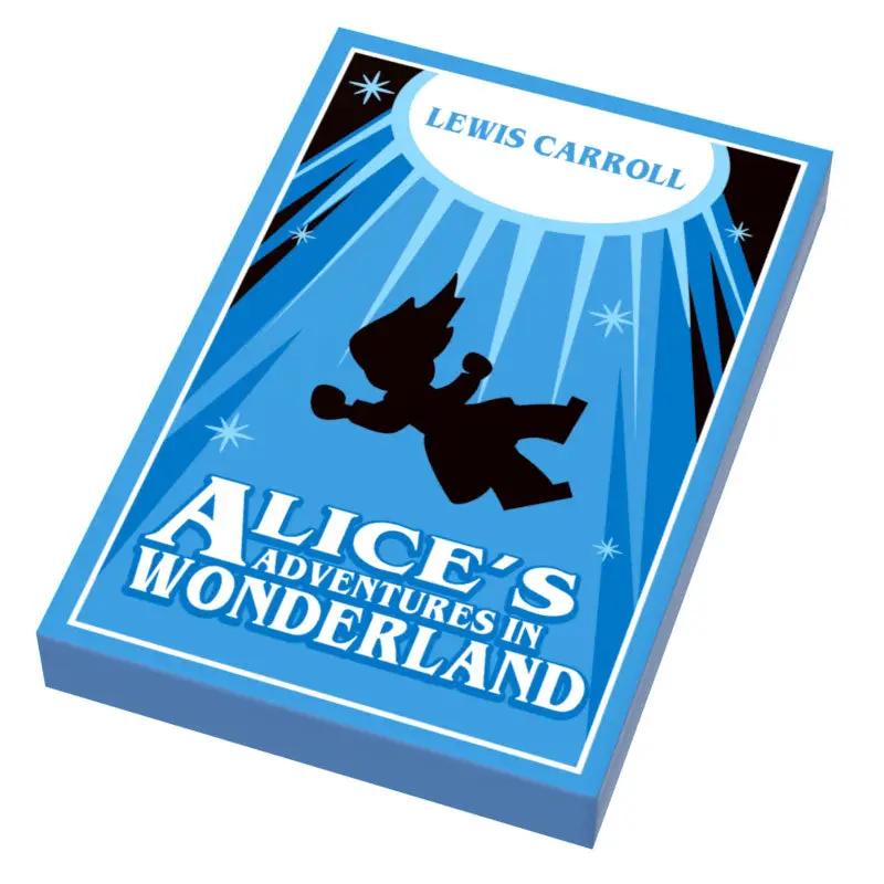 Custom LEGO Alice in Wonderland book tile by B3 Customs, featuring intricate printed design on small LEGO brick for display.