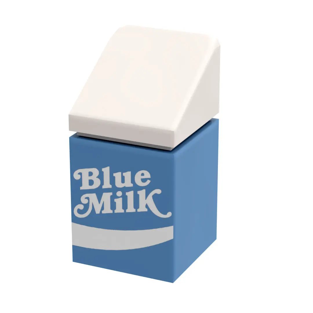 B3 Customs blue milk carton made from LEGO bricks, custom printed LEGO toy with detailed blue carton design.