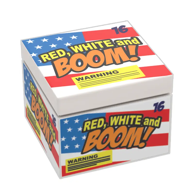 Custom B3 Customs minifig fireworks with red, white, and "Boom" design for 4th of July celebration, featuring LEGO-style printed graphics.