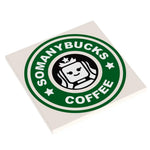 Custom printed Lego Starbucks sign tile by B3 Customs featuring a Big Somanybucks Coffee logo on a 6x6 tile.