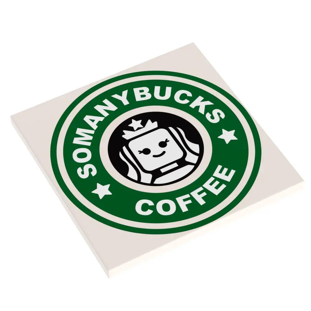 Custom printed Lego Starbucks sign tile by B3 Customs featuring a Big Somanybucks Coffee logo on a 6x6 tile.