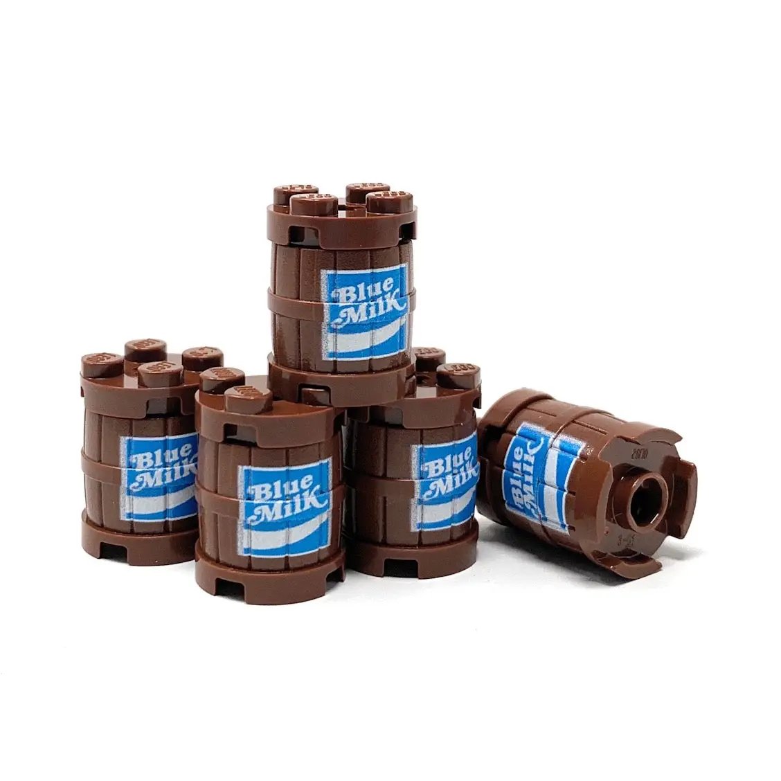 Custom blue LEGO milk barrel or keg by B3 Customs, featuring detailed printed design and realistic LEGO construction elements.