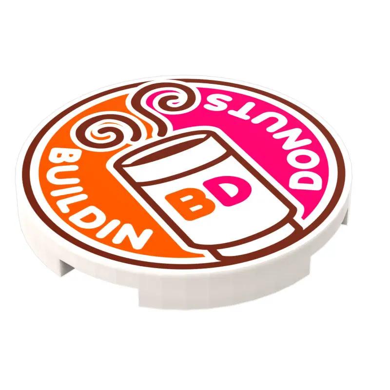 Custom Buildin' Donuts coffee sign, 3x3 round tile with LEGO-style design, printed by B3 Customs.