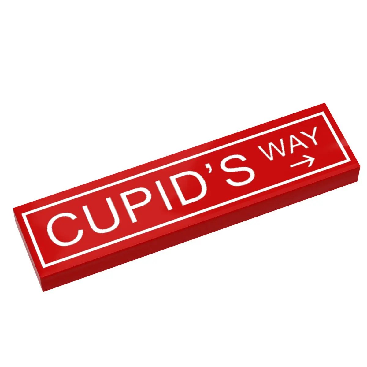 Custom LEGO Cupid's Way street sign made with 1x4 tile from B3 Customs, featuring printed Valentine's Day design.