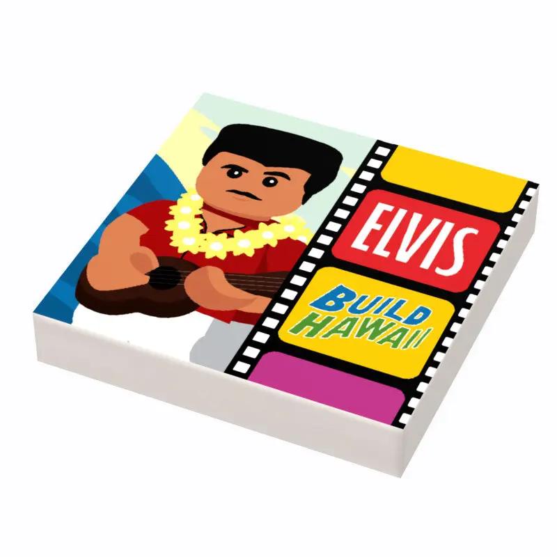 Custom printed Lego tile featuring the Elvis Blue Hawaii album cover by B3 Customs, showcasing vibrant album art design.