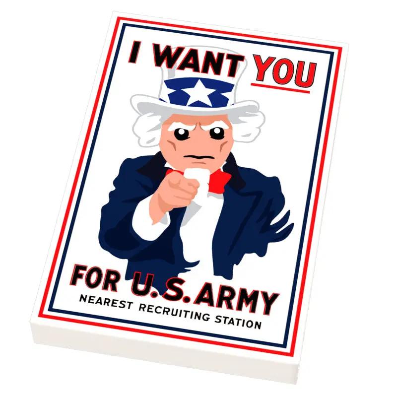 Custom printed LEGO USA "I WANT YOU" military recruitment poster by B3 Customs, featuring a patriotic design and bold graphics.