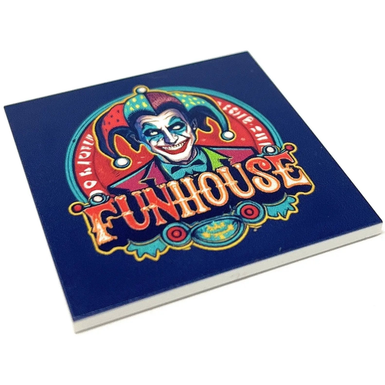 Custom printed Joker's Funhouse vintage 6x6 sign made with LEGO parts by B3 Customs, featuring colorful design and intricate details.