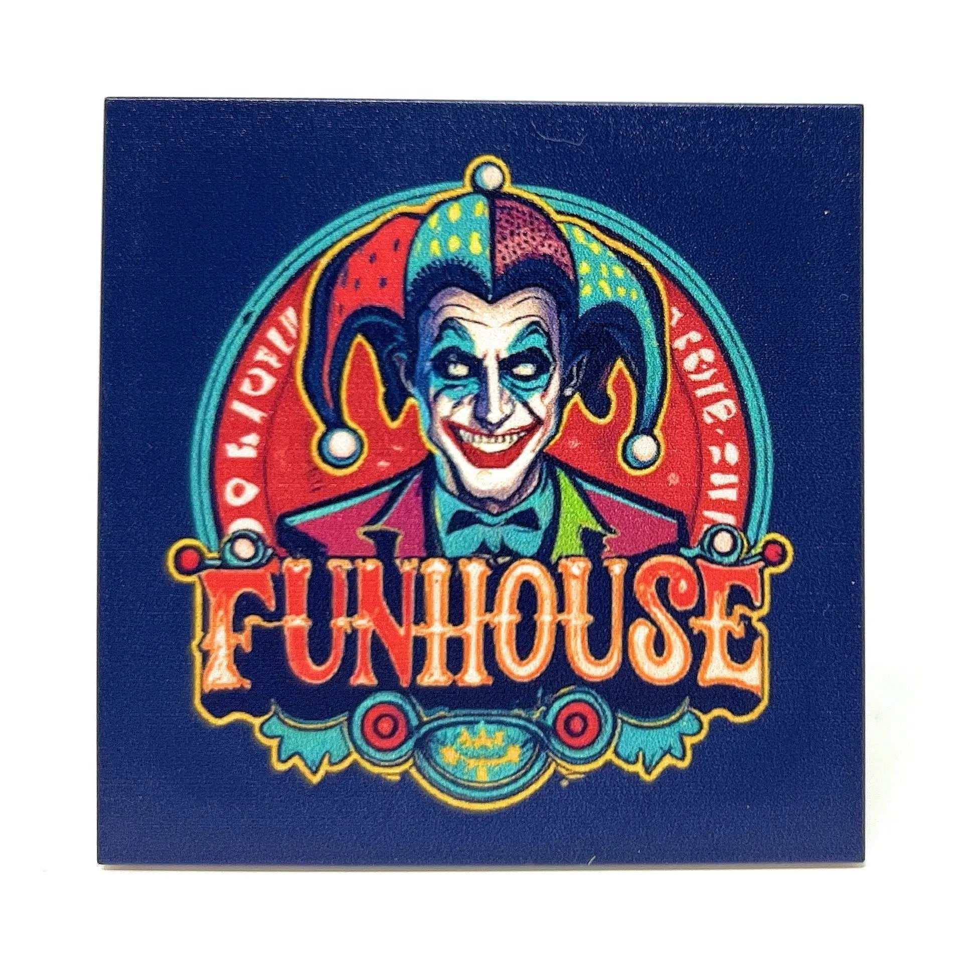 Custom printed Joker's Funhouse vintage 6x6 LEGO sign by B3 Customs showing colorful brick design and detailed Joker-themed artwork.