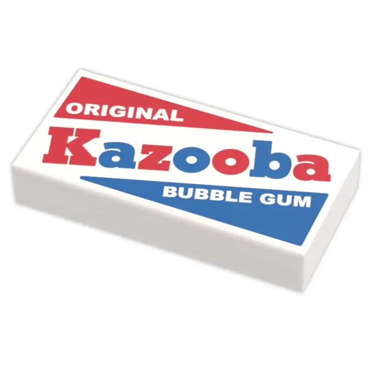 Custom printed Kazooba Minifig Bubble Gum with LEGO parts, created by B3 Customs, featuring a detailed LEGO bazooka gum accessory.