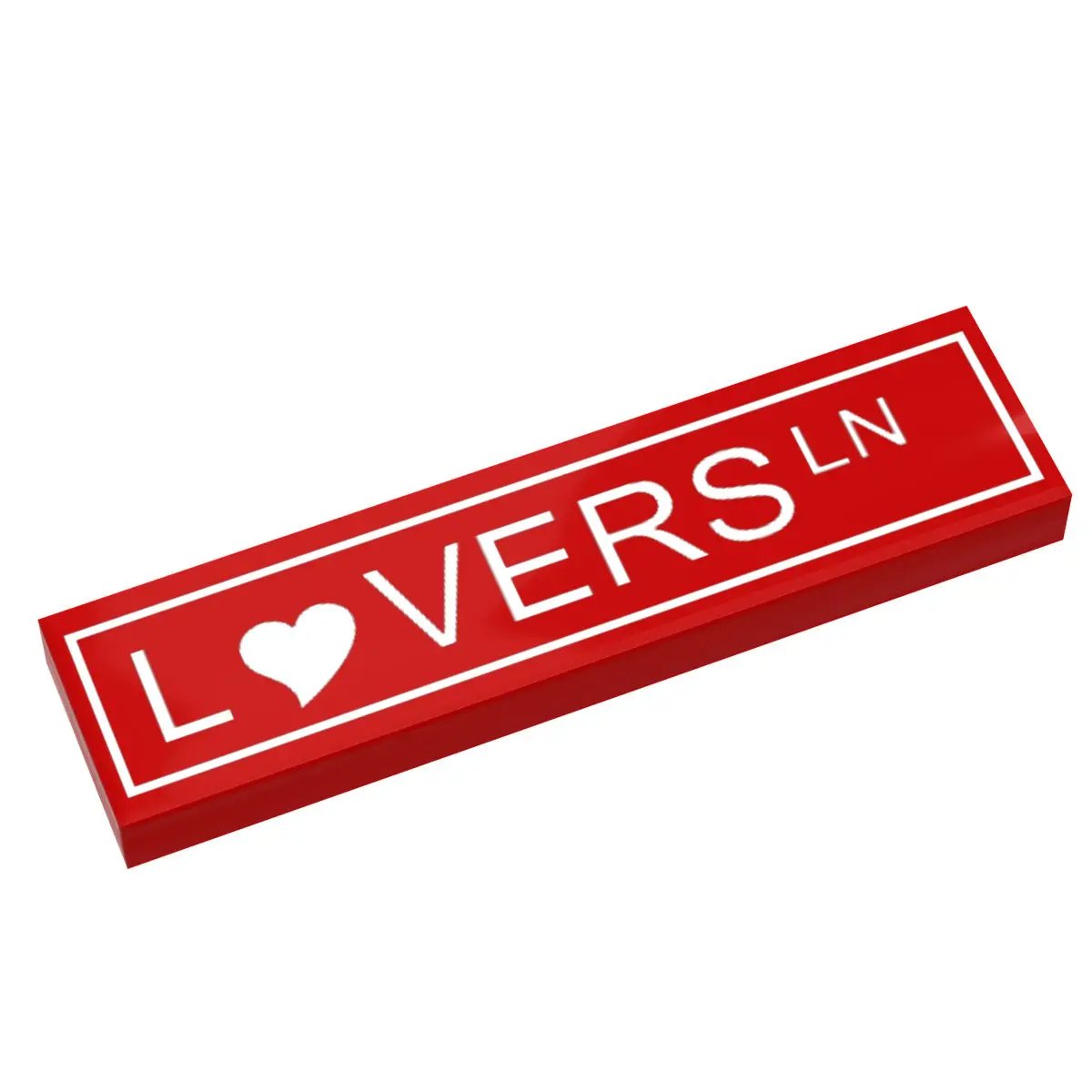 Custom printed Lovers Lane street sign tile by B3 Customs featuring a colorful Lego-inspired design.