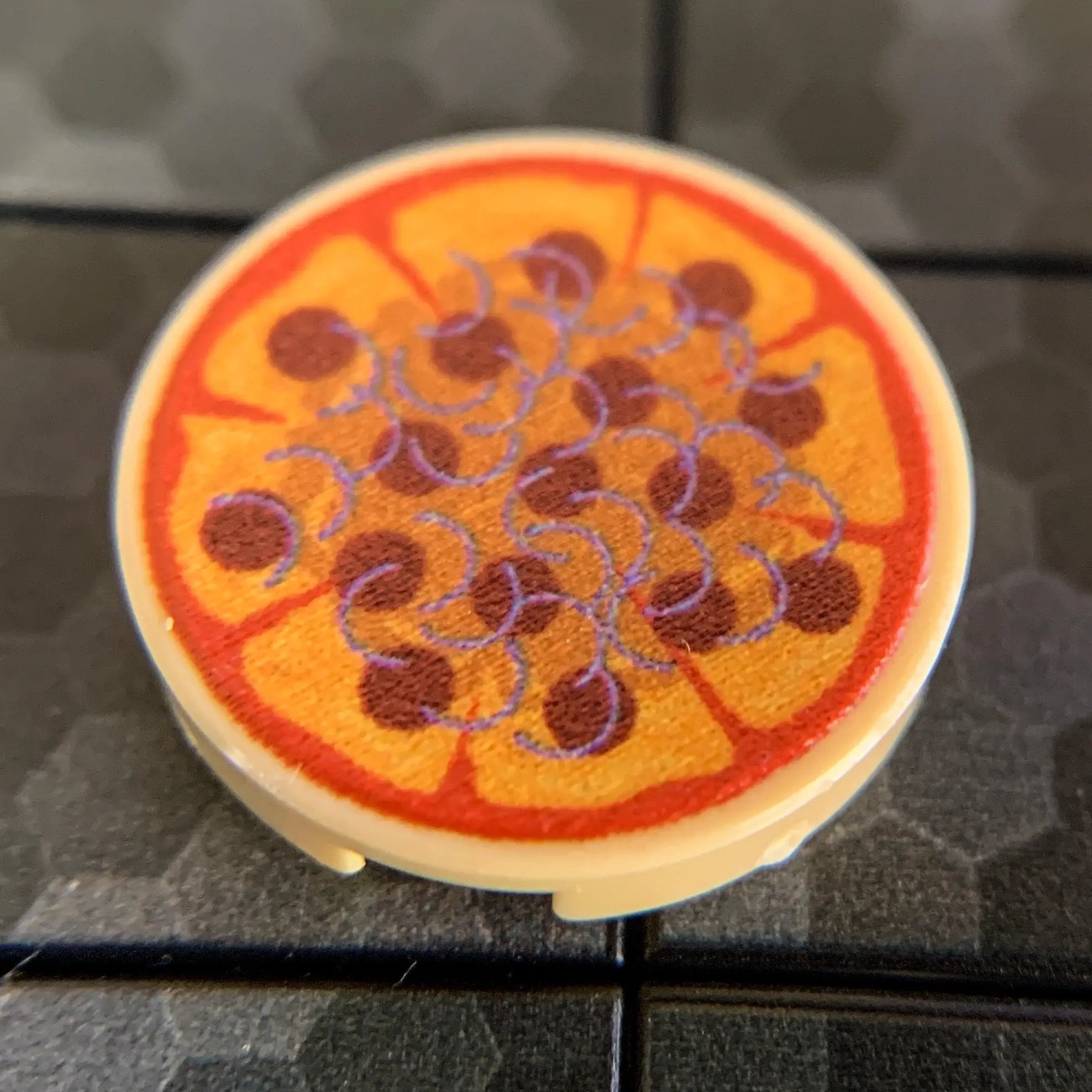 Custom printed pepperoni and onions pizza pie design on round tile by B3 Customs, featuring realistic toppings and vibrant colors.
