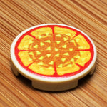 Custom printed Lego pineapple pizza tile by B3 Customs, featuring a detailed round tile with a pineapple pizza design.
