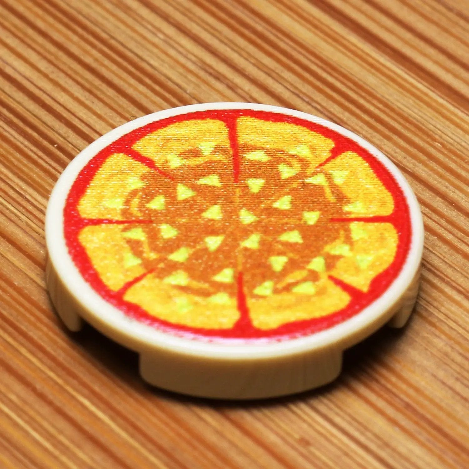 Custom printed Lego pineapple pizza tile by B3 Customs, featuring a detailed round tile with a pineapple pizza design.
