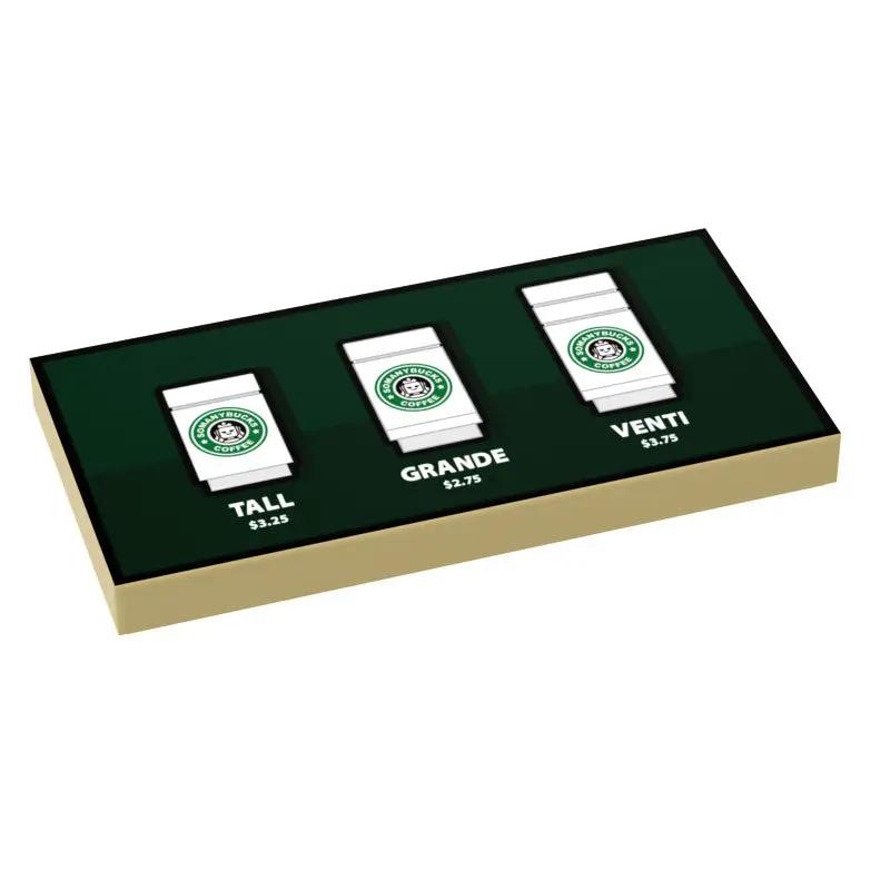 Custom printed Lego coffee menu sign by B3 Customs, featuring size options on a 2x4 tile with colorful design and clear text.