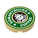 Custom LEGO-made Somanybucks Coffee sign tile, round 2x2 tile with printed coffee logo, by B3 Customs.