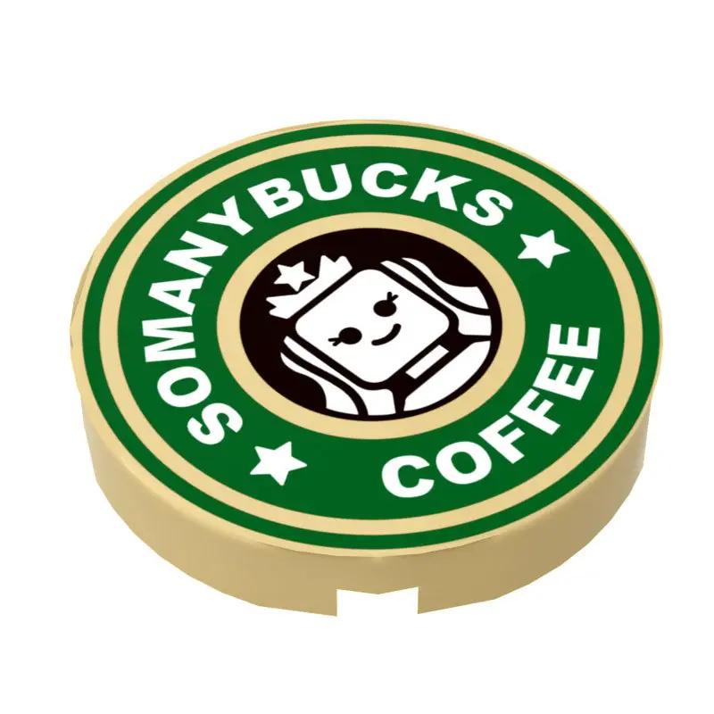 Custom LEGO-made Somanybucks Coffee sign tile, round 2x2 tile with printed coffee logo, by B3 Customs.