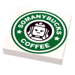 Custom LEGO coffee sign tile by B3 Customs featuring a printed "Somanybucks Coffee" design on a 2x2 LEGO tile.