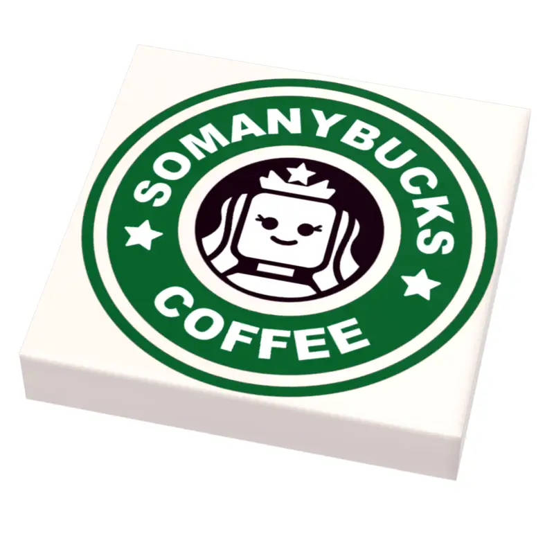 Custom LEGO coffee sign tile by B3 Customs featuring a printed "Somanybucks Coffee" design on a 2x2 LEGO tile.
