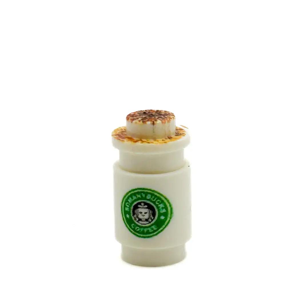 Custom printed Somanybucks Latte with Cinnamon coffee cup for LEGO minifigs, made by B3 Customs, detailed miniature LEGO accessory.