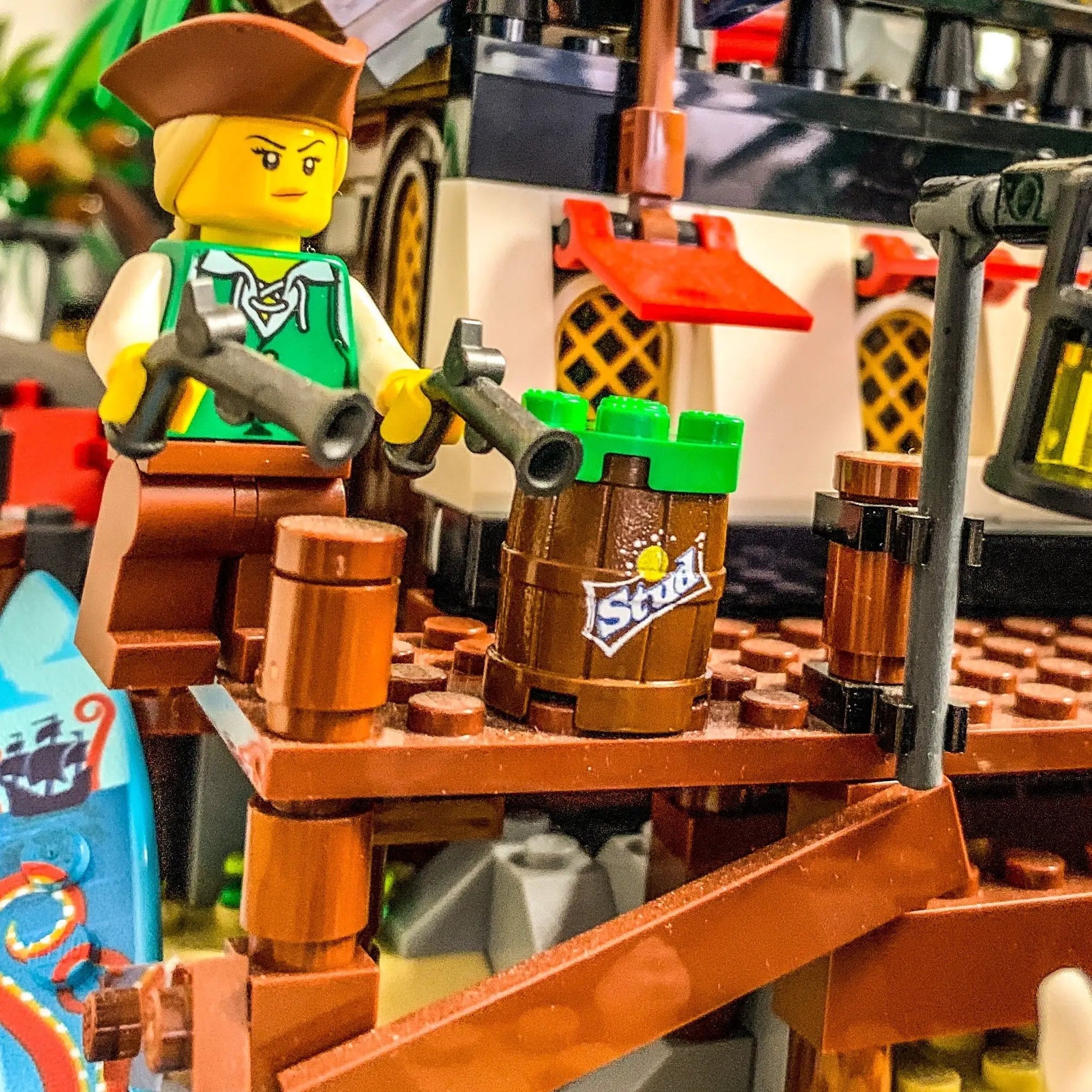 Custom LEGO Stud Lemon Lime Soda Barrel by B3 Customs, featuring detailed printed design and LEGO brick construction.