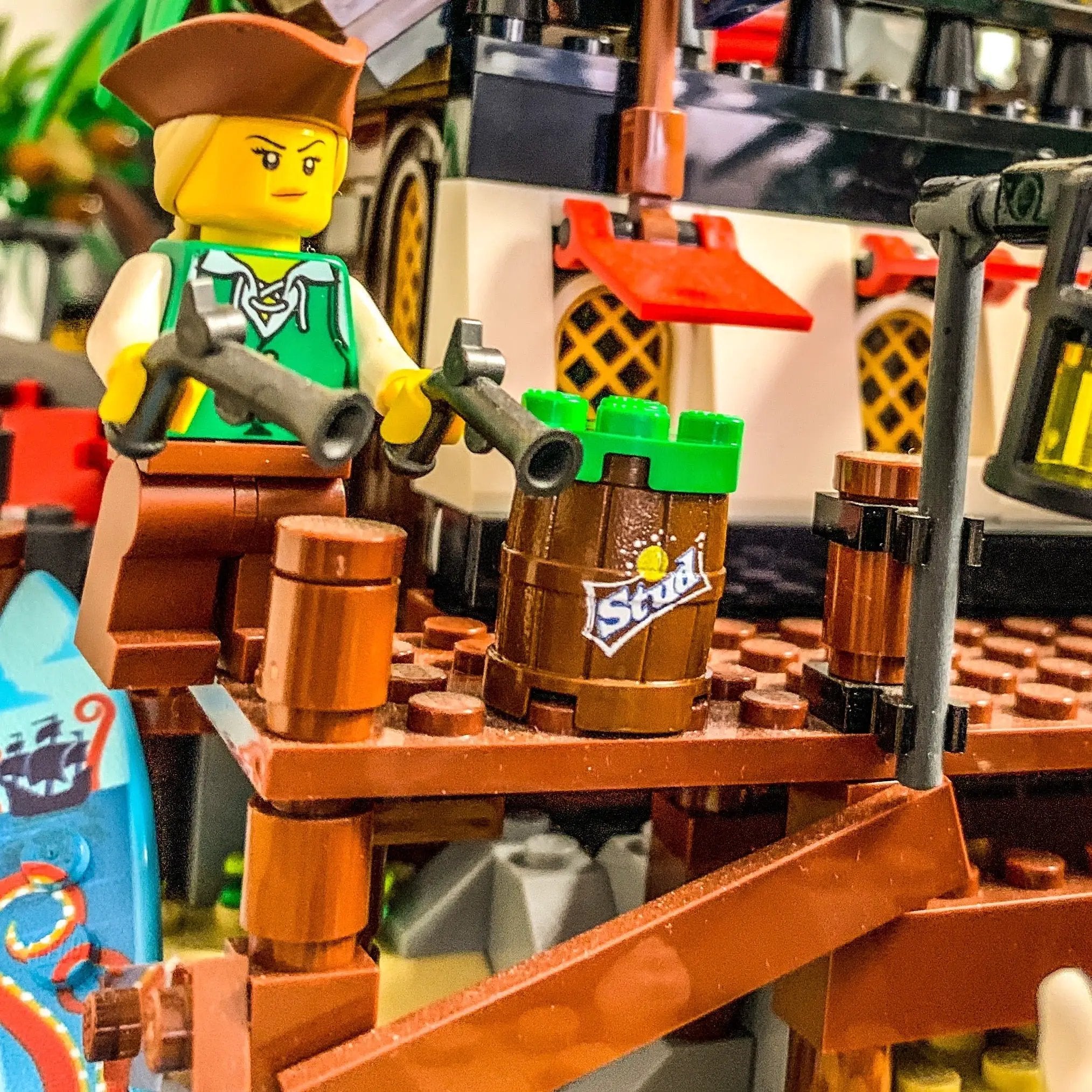Custom LEGO Stud Lemon Lime Soda Barrel by B3 Customs, featuring detailed printed design and LEGO brick construction.