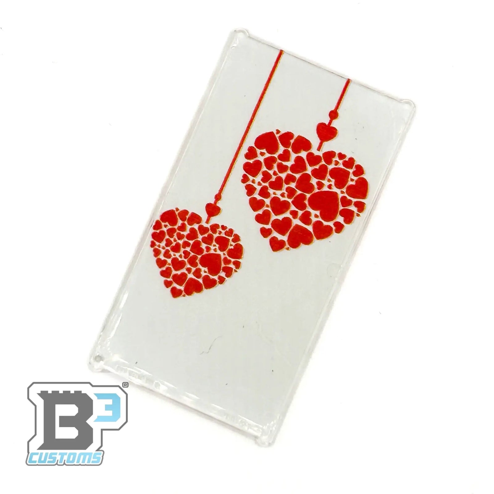 LEGO Valentine's Day glass window with two heart designs, crafted by B3 Customs, featuring colorful LEGO bricks and intricate details.