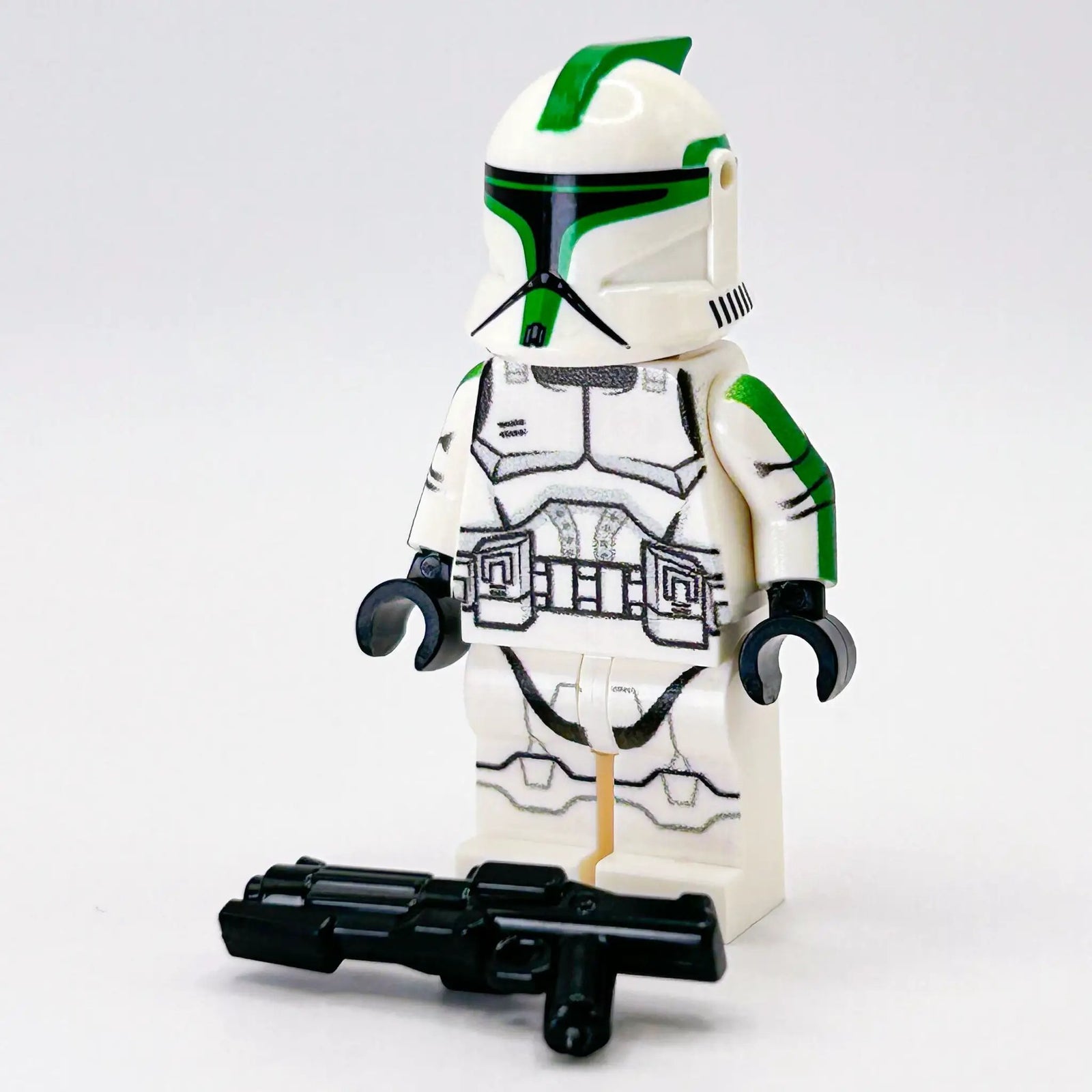 Green 41st Clone Trooper Phase 1 minifigure from B3 Customs, detailed LEGO-style action figure with armor and helmet.