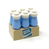 Six-pack of custom LEGO blue milk bottles from B3 Customs, featuring vibrant blue color and detailed LEGO branding.