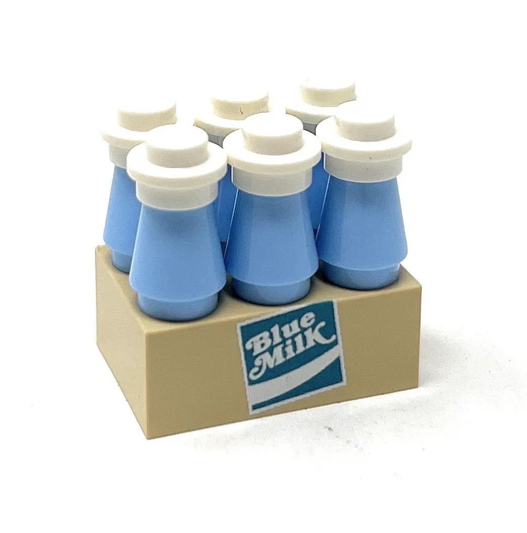 Six-pack of custom LEGO blue milk bottles from B3 Customs, featuring vibrant blue color and detailed LEGO branding.