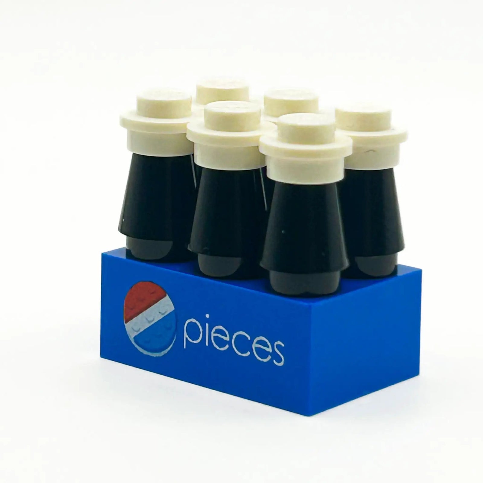 Six custom LEGO Pepsi soda bottle pieces from B3 Customs, featuring detailed LEGO-style soda designs.