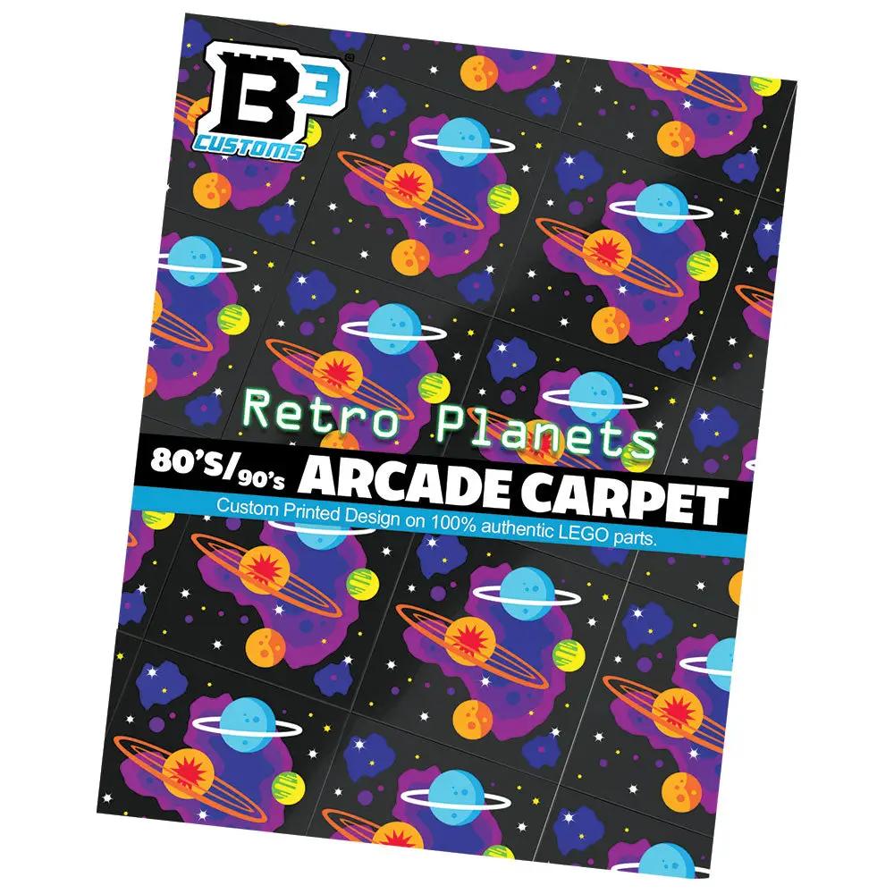 Set of 10 LEGO planet-themed arcade carpet tiles from B3 Customs, featuring colorful 80s and 90s style designs on 6x6 tile bases.